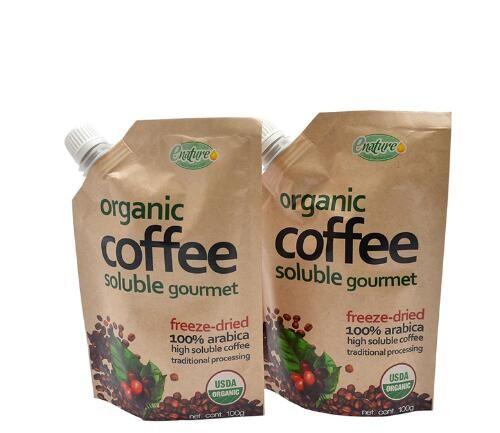 Quality Standing Up Custom Size Printing 100G Aluminum Lined Coffee Juice Drink Pouch With Spout Packaging for sale