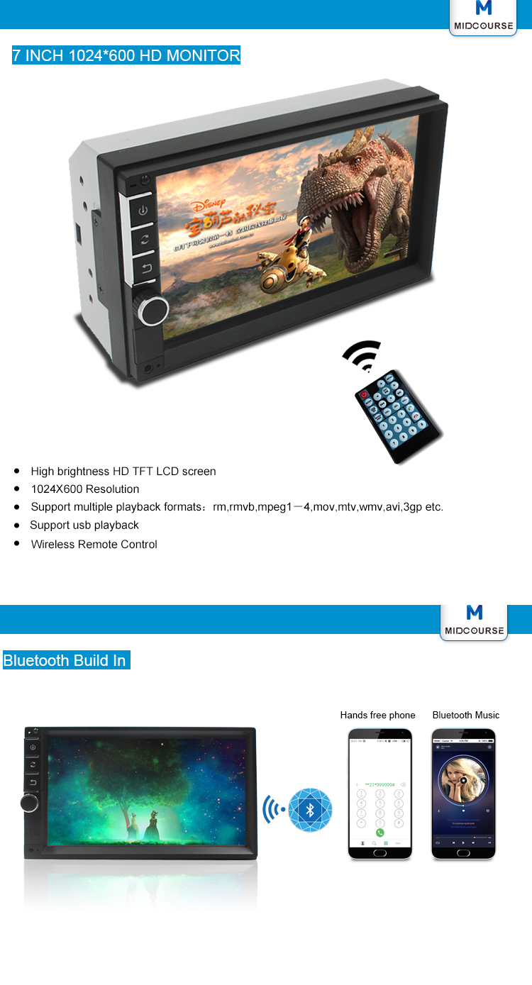 7 Inch Car 2 DIN Bluetooth Audio In Dash Touch Screen Car monitor Car Audio Stereon MP3 MP5 Player USB Reverse Cam Suppo