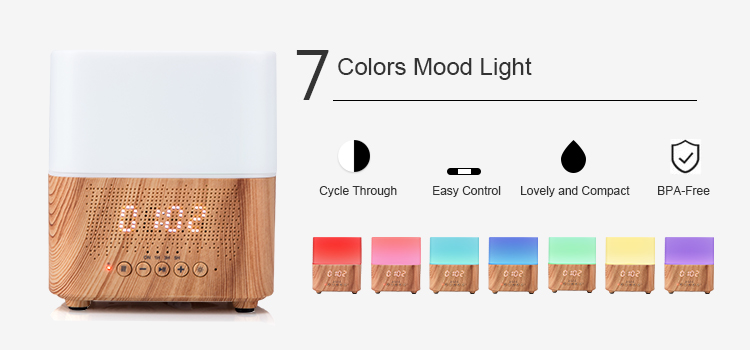 Wood Color 300ml Bluetooth Speaker Aroma Diffuser With Clock
