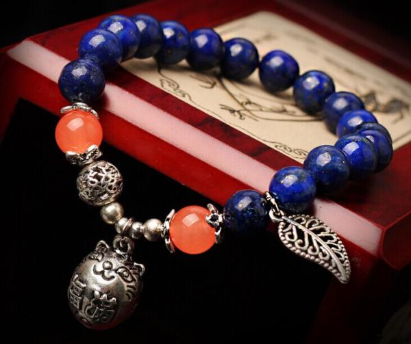 Quality Lapis lazuli lucky cat charm gemstone bracelets, prayer beads for sale