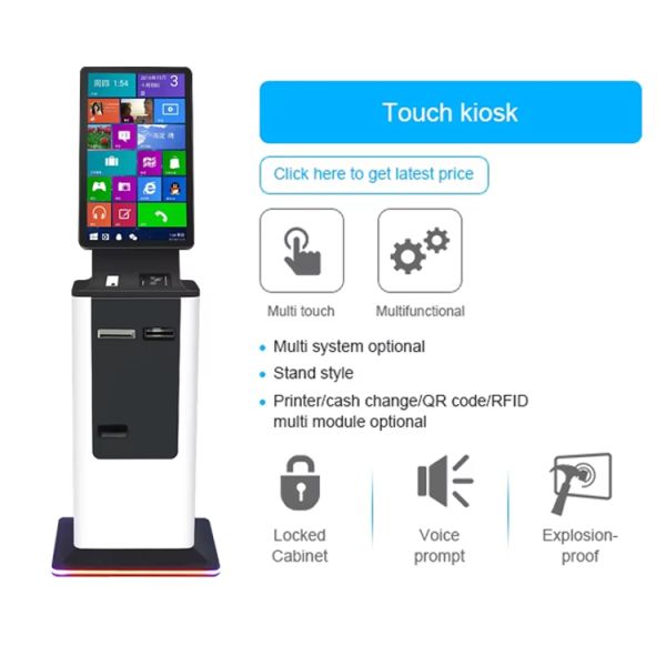 OEM ODM Self Service Payment Terminal Touch Screen Hotel Check in Barcode Reader Card Dispenser Ticket Printer Kiosk Machine