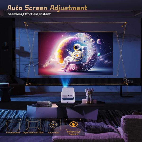 D1 White FHD Android Smart Projector Auto Focus Rotating Flip Video Movie Projector