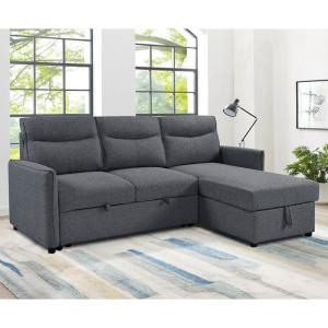 L-Shaped Reversible Sectional Sleeper Sofa with Pull-Out Bed and Storage, Neutral Gray Fabric