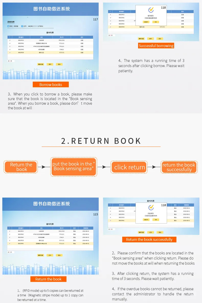 Commercial All In One Lcd Horizontal Information Terminal Interactive Book Return Removable Mobile Cart Uhf Rfid Library