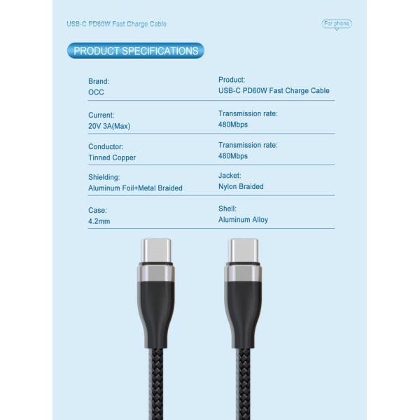 60w PD 20V 3A USB Type C Charging Cable 1Ft Length Nylon Braided For xiaomi mI4C