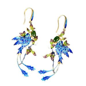 China Gold Plated Stering Silver Drop Earrings with Cloisonne Enamel Phoenix Style Fashion Jewelry(E6050601BLUE) on sale