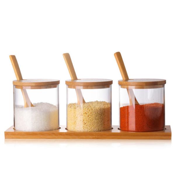 Quality Glass Condiment Seasoning Containers Bulk Reusable Spice Jars With Wooden Lid Spoon for sale