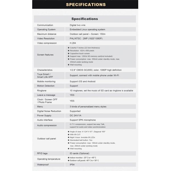 2-Wire IP/WiFi 7" HD Touch Screen Video Intercom Door Phone with Unlock/Monitor/Record