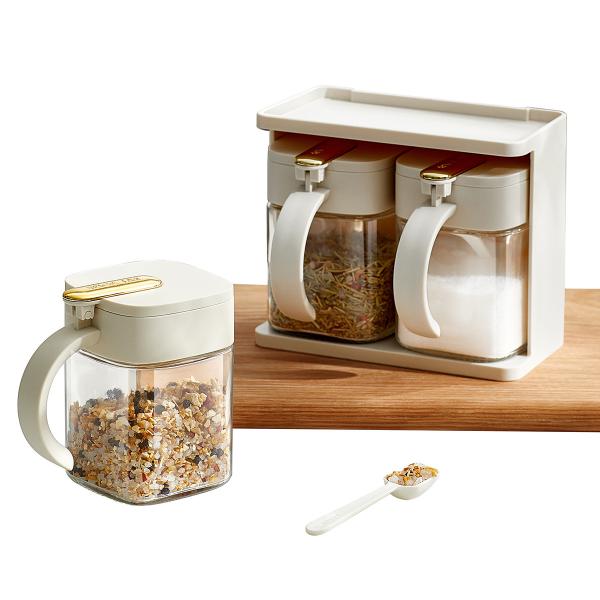 Quality Durable 2 Grids Clear  Condiments Glass Container Pots Set With Handle And Spoon for sale