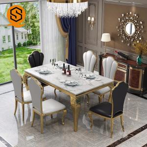 Solid Surface Marble Top Dining Table Set 6 Seater Rectangle Shaped