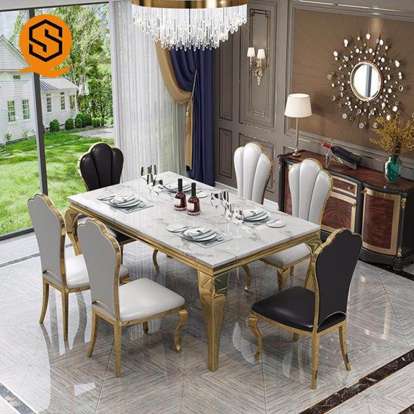 Quality Solid Surface Marble Top Dining Table Set 6 Seater Rectangle Shaped for sale