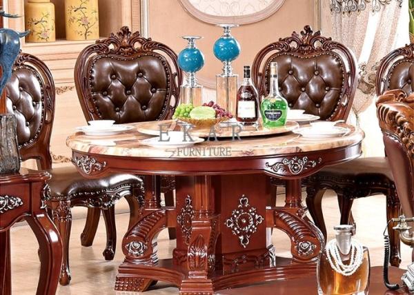 Quality dining room round dining table marble top wooden carved for sale