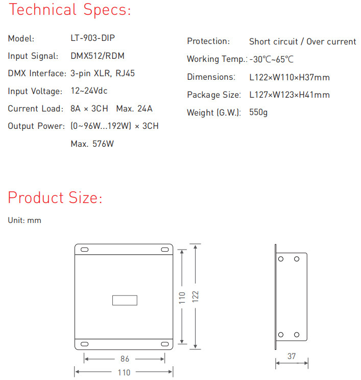 RJ45 / XLR 3 Channel Dmx Decoder DC12V-24V Overload Protection 550g
