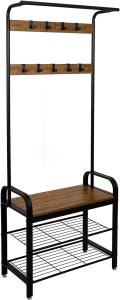 Wooden Metal Coat Rack With Shoe Bench For Entrance Area With Hooks, 3Layers
