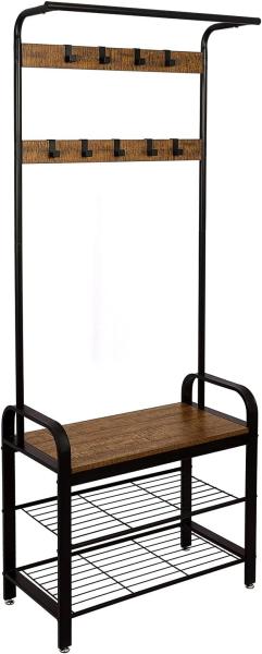 Quality Wooden Metal Coat Rack With Shoe Bench For Entrance Area With Hooks, 3Layers for sale
