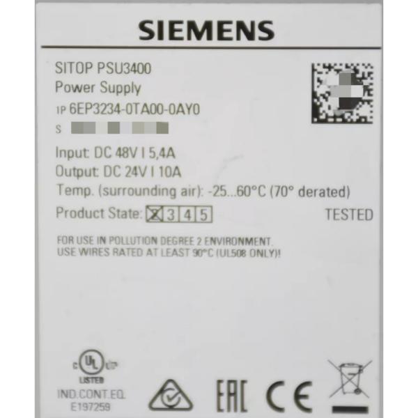 SIEMENS 6EP3234-0TA00-0AY0 SITOP PSU3400 24 V/10 A STABILIZED POWER SUPPLY INPUT: 48 V DC (28…60 V) OUTPUT: 24 V DC/10 A