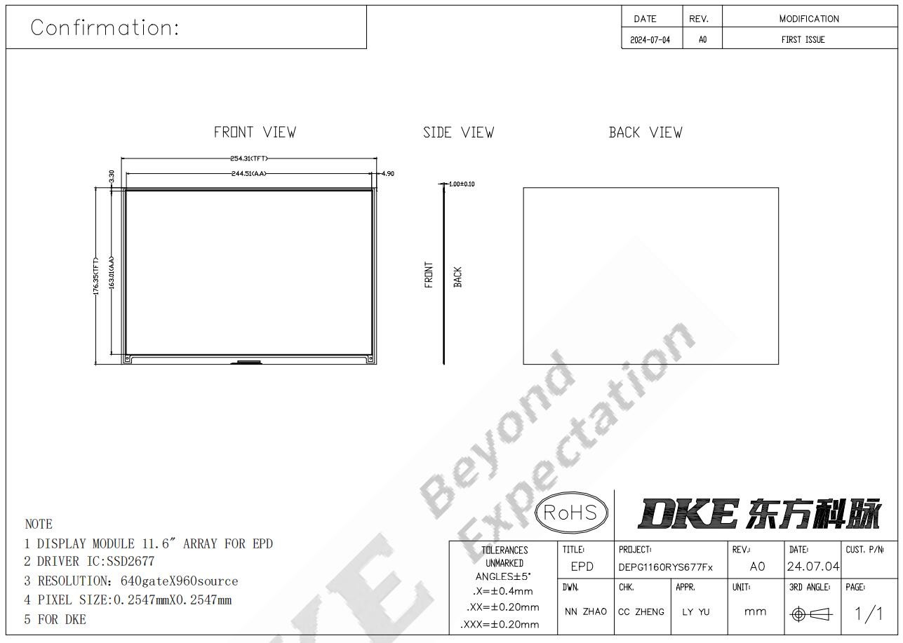 11.6'' 4 Color 960*640 TFT MCU High Contrast Interface E-paper Display EPD