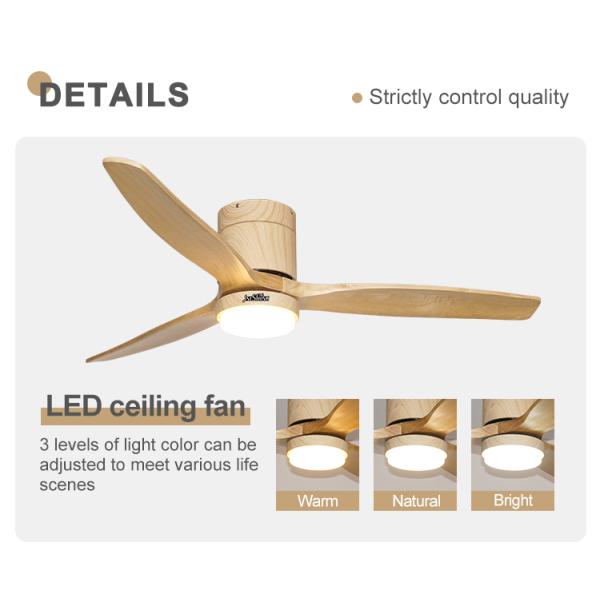 Energy Saving 52in Flush Mount LED Ceiling Fan With Solid Wood Blades