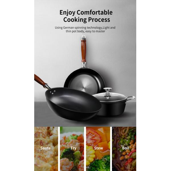 Three Piece Carbon Steel Wok Set Nitriding Non Stick Cookware Set