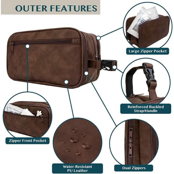 Dark Brown Water-resistant Dopp Kit PU Leather Shaving Pouch Organizer Travel Bag for Accessories Cosmetic Hygiene