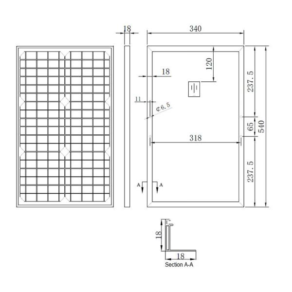 30W-18V small solar panel assembly size chart