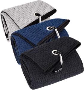 Light Weight Quick Drying Microfiber Waffle Pattern Tri-fold Golf Towel With Hook And Clip Easy To Carry Custom Golf Towel