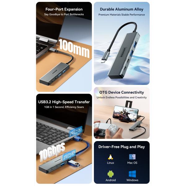 4 in 1 Aliuminium Alloy 4 Ports USB Hub Laptop Type C USB Dock