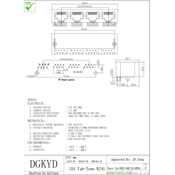 Unshielded 1x4 Four Ports RJ45 PCB Connector Tab Down Ethernet Switch Sockets