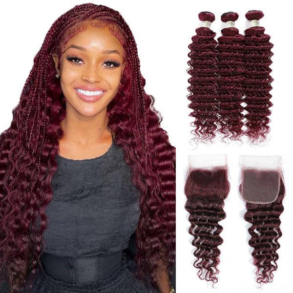 Quality Ombre 99J Glueless Burgundy Wig Human Hair Extensions Deep Wave for sale