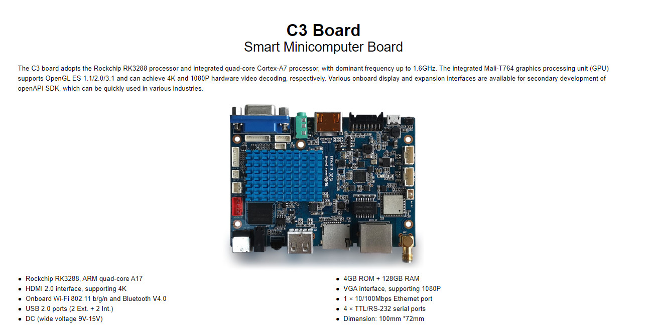 C3 Smart Minicomputer Board 1x external OTG Micro-USB interface USB 2.0 ports (2 Ext. + 2 Int.)