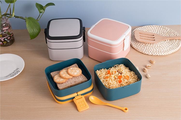 Double-Layer Portable Plastic Bento Lunch Box With Lid 1000ML Rectangular Blue