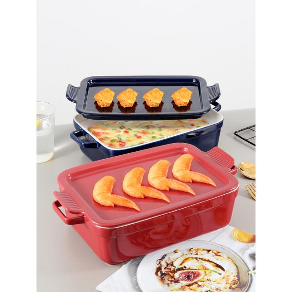 Muffin Dessert Ceramic Oven Dish , Rectangular Baking Pan With Platter Lid