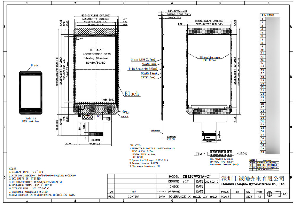 Sunlight Readable 4.3”40pin IPS TFT LCD Display 480x800 Dots