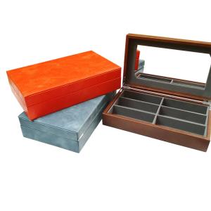 China Leather 6 Slot Wooden Lid Spectacles Sunglasses Storage Display Box With Mirror on sale