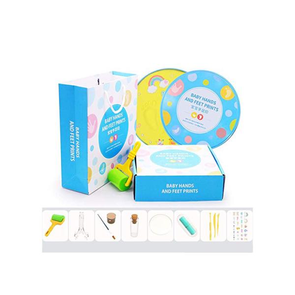 Colorful Baby Shower Gift , Handprint And Footprint Clay Tin Keepsake Box