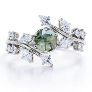 Branch Leaf Design 6 Prong Round Shaped Opaque Moss Green Agate And Moissanitet Ring