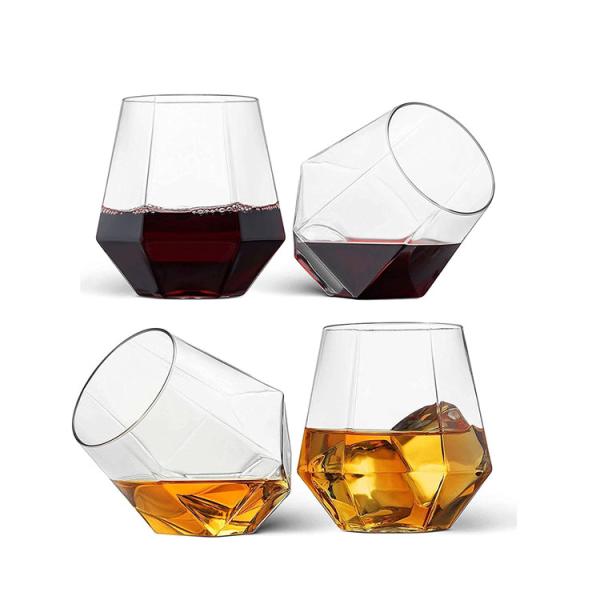 Cocktail Whiskey Diamond Stemless Plastic Wine Glasses 12oz Gold Rim