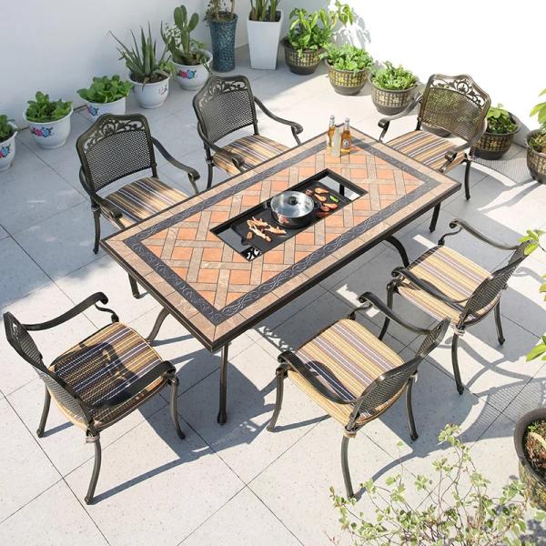 Quality Tile Pattern Patio Dining Set Rectangel Picnic Table With Fire Pit for sale