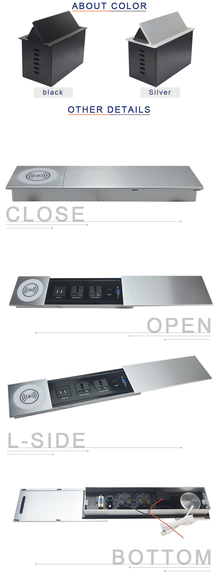 BNT New Customization Multi-function Desktop Outlet Slip Lid Cover Sockets with Qi Wireless Charger
