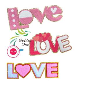 Custom Chenille Logo Letter Heart Patch Iron On Embroidery Glitter Patches For Clothing