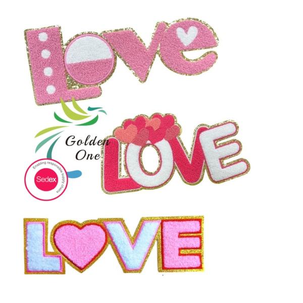 Quality Custom Chenille Logo Letter Heart Patch Iron On Embroidery Glitter Patches For Clothing for sale