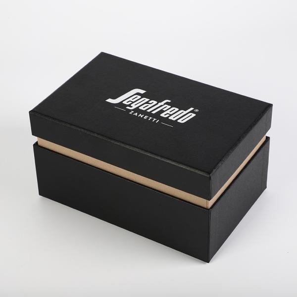 Quality rigid black base and lid gift box with enforcement tray inside and sponge insert in customized cutout for sale