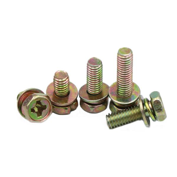 Yellow Chromated Steel Phillips Drive Hex Head Screws With Spring And Plain Washer Assemblies Screws