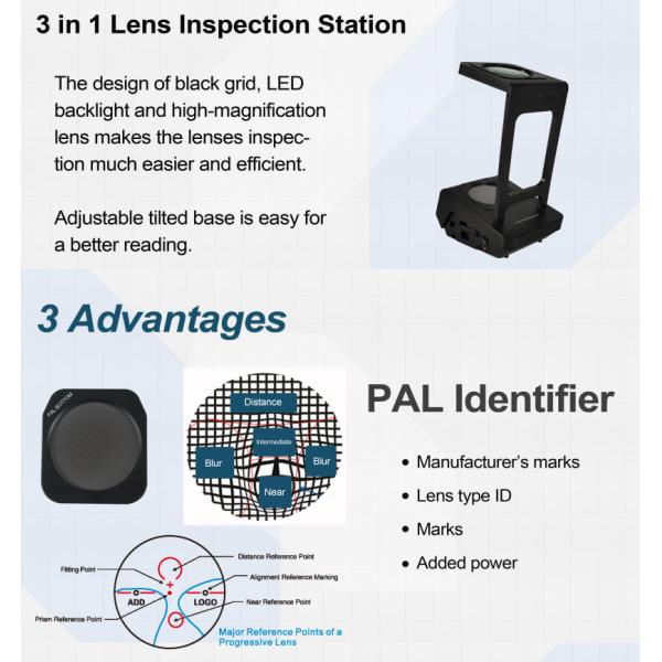 3 in 1 Lens Inspection Station LED backlight and high-magnification lens Adjustable tilted base Progressive Lens Tester