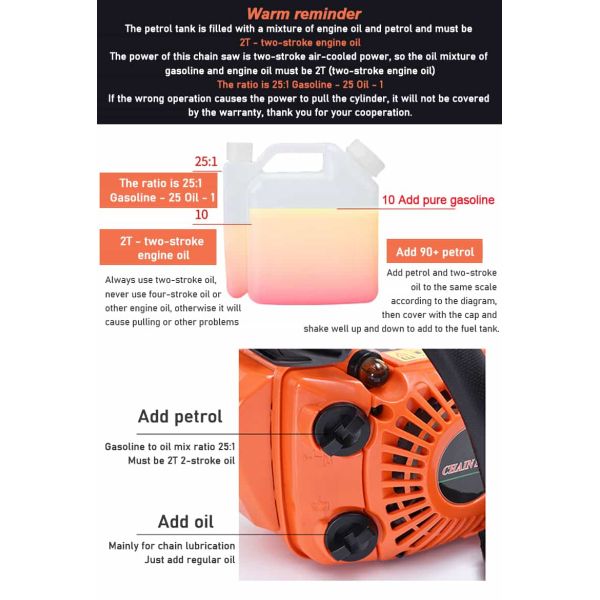 700W 2 Stroke Gas Powered Chain Saw 25cc For Trees Firewood Cutting