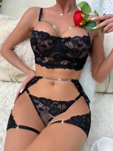 Buy cheap Lace Mesh Ladies Sexy Lingerie Sets Perspective Seduction Three Piece Underwear product