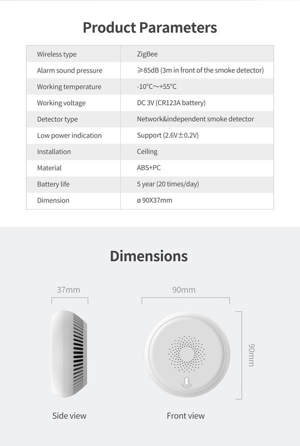 DC 3V Home Assistant Smoke Detector Zigbee Network Alarm High Alarm Sound