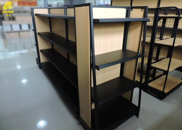 Quality 1.4M High Reliable Metal And Wood Display Shelves Trapezoidal Side Frame MDF Backing for sale
