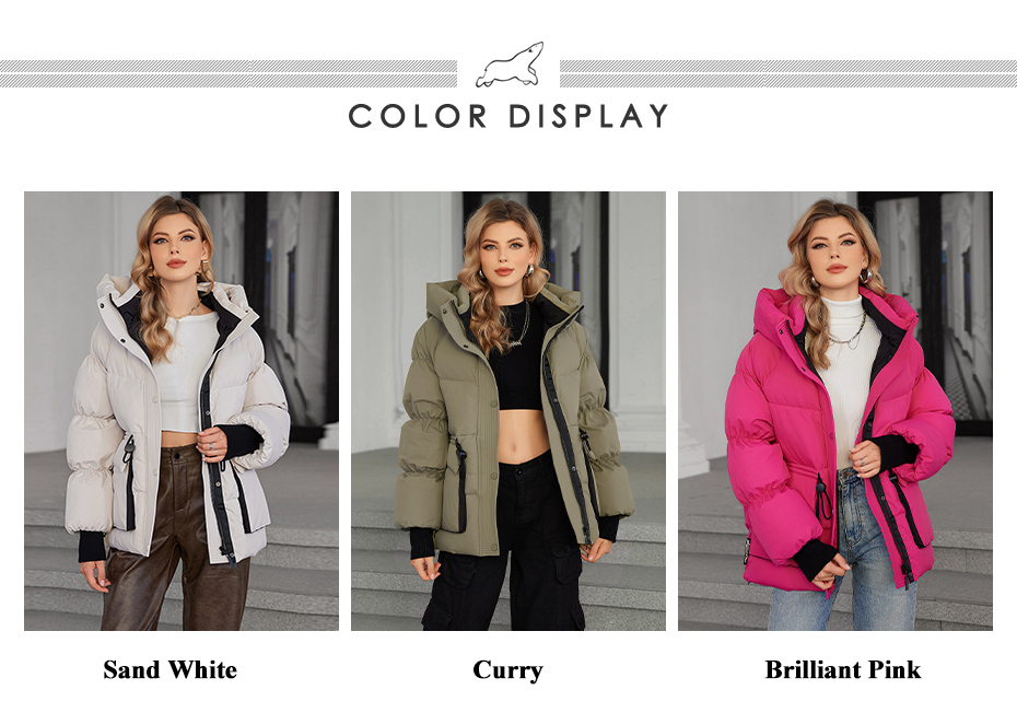 women short coat with contract colours and nice quality, Loose Style With Down Filling, modern models, bright colours, oversize, nice length, hooked, outside jacket, casual style