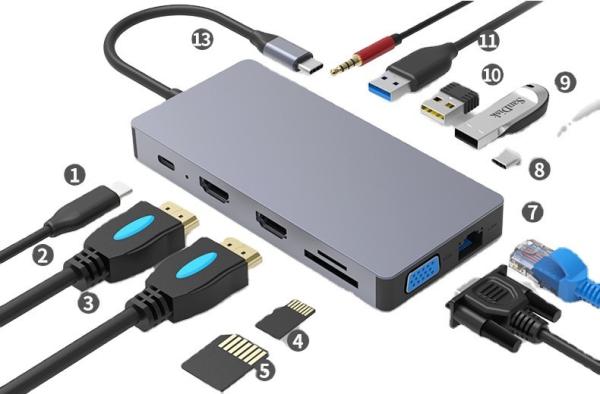 Quality Type-c hub 12 in 1 5gbps usb hub 3.0 tf sd card reader 4k@30hz vga hdtv converter ethernet rj45 connector 100w pd for ma for sale